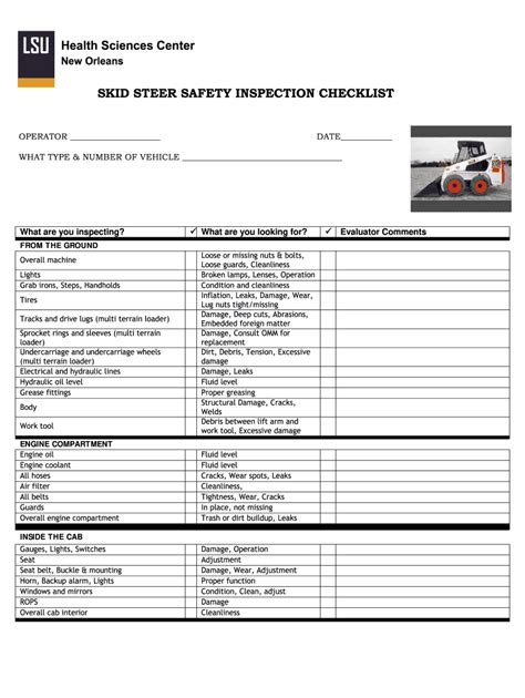 skid steer inspection checfklist|bobcat checklist template.